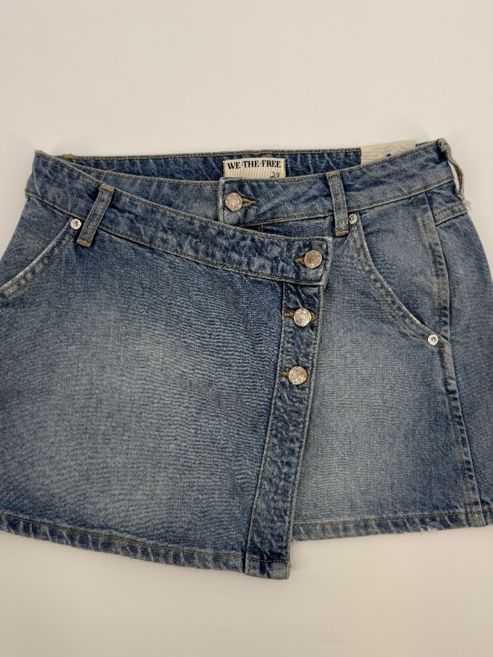 We The Free People Wynne Denim Skirt Asymmetrical Button Wrap Mini Women Size 27